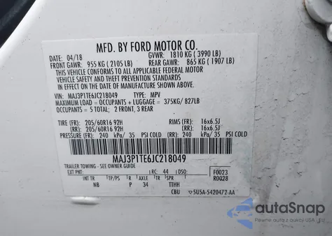 2018 Ford Ecosport Se из США, поврежденный, VIN MAJ3P1TE6JC218049